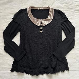 Axes Femme Black lace puff sleeve top long sleeves layered look velvet collar